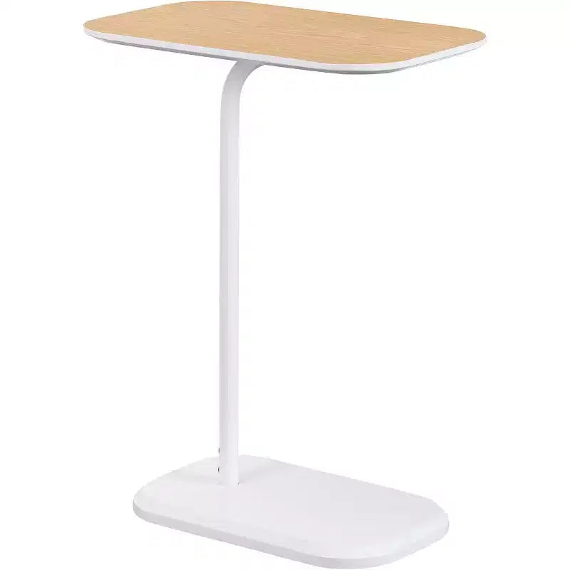 Tavolino laterale HomeStock Belmont a C in rovere chiaro con finitura impiallacciata effetto legno, scorrevole sotto il divano o il letto, tavolino moderno con base in metallo