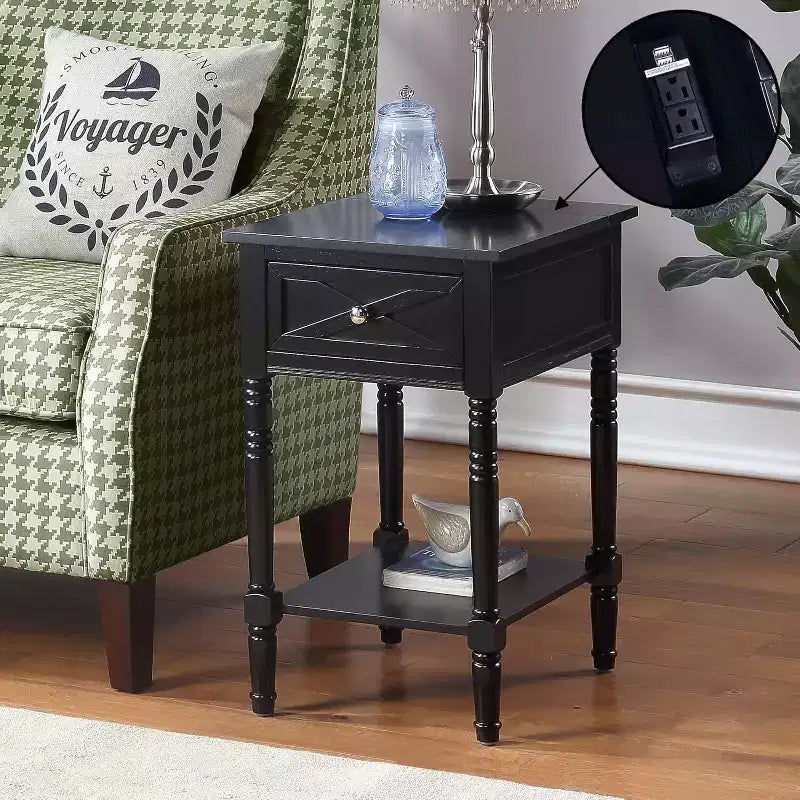 Tavolino HomeStock Belmont con Stazione di Ricarica Nascosta, 2 Prese, 2 Porte USB, Cassetto e Ripiano, Elegante Tavolino d'Appoggio per la Casa