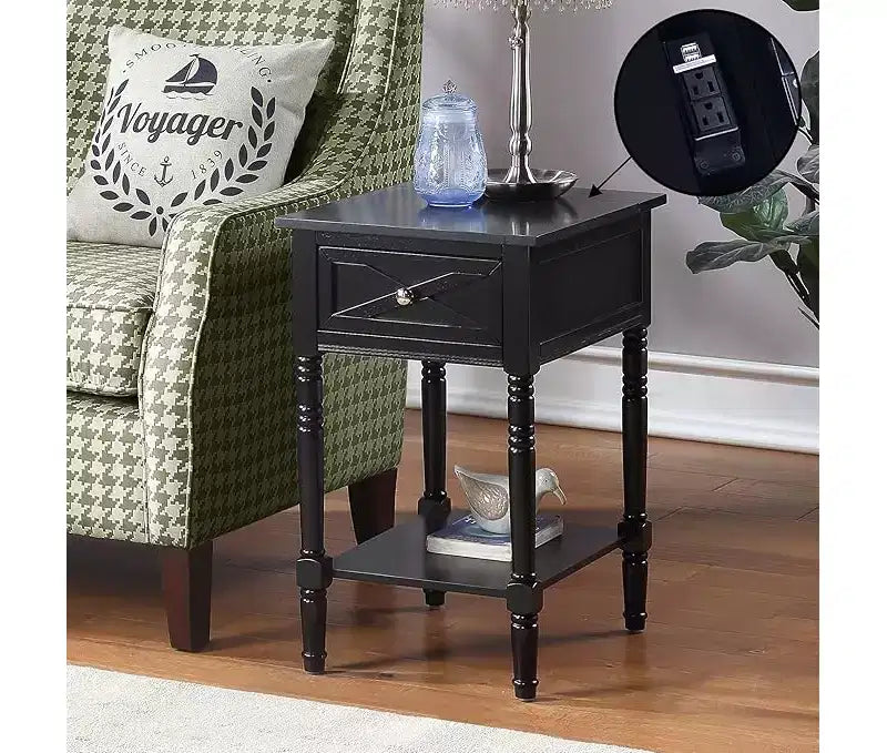 Tavolino HomeStock Belmont con Stazione di Ricarica Nascosta, 2 Prese, 2 Porte USB, Cassetto e Ripiano, Elegante Tavolino d'Appoggio per la Casa