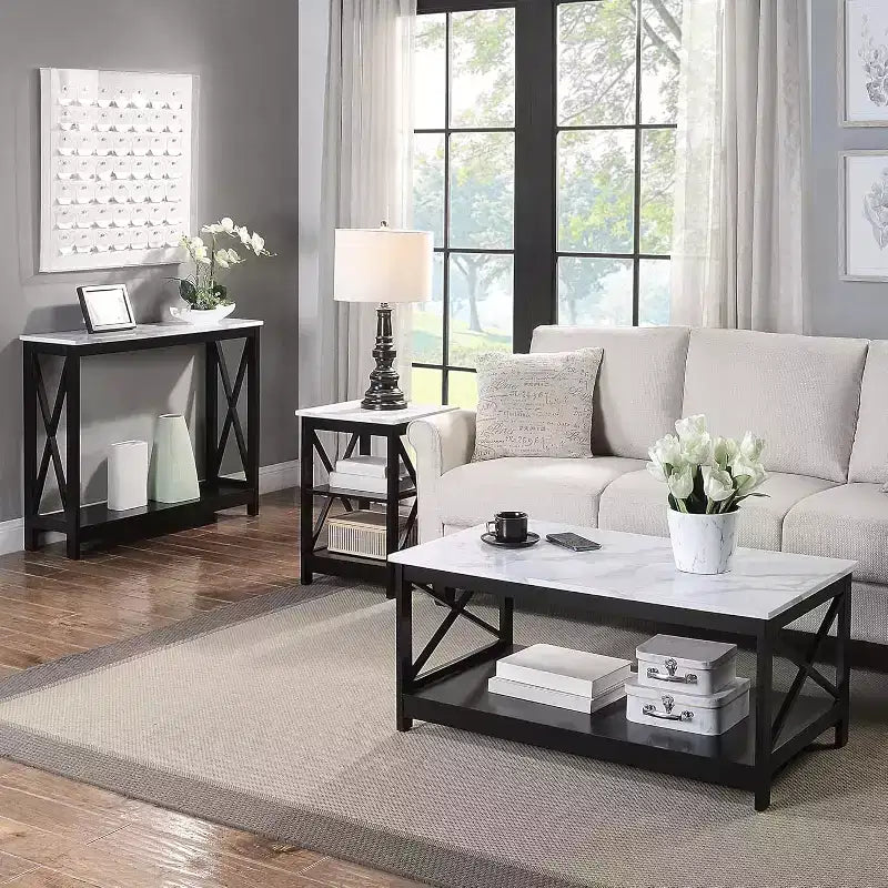 HomeStock Belmont Tavolino con Tre Ripiani Aperti e Pannelli a X, Tavolino Laterale Contenitore in Stile Transizionale per Arredamento Costiero o Rustico
