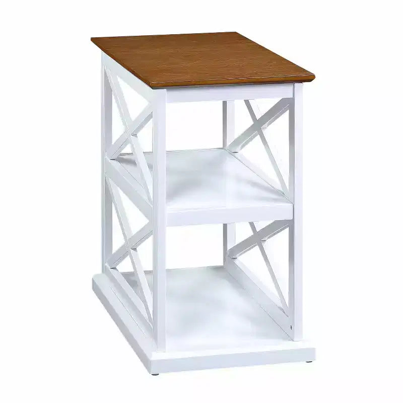Tavolino d'appoggio HomeStock Belmont con ripiani, design a X doppia laterale, espositore a tre livelli, mobile d'accento in legno massello per soggiorno