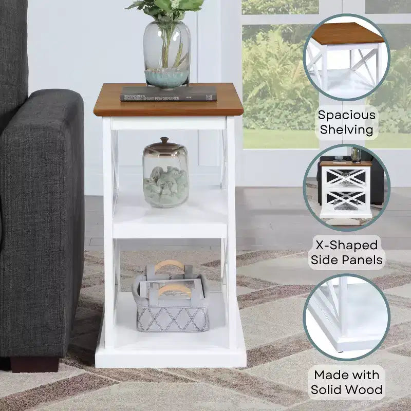 Tavolino d'appoggio HomeStock Belmont con ripiani, design a X doppia laterale, espositore a tre livelli, mobile d'accento in legno massello per soggiorno