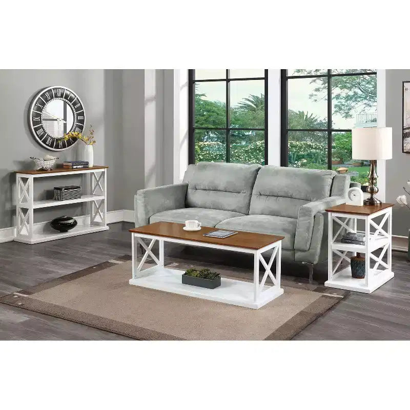 Tavolino d'appoggio HomeStock Belmont con ripiani, design a X doppia laterale, espositore a tre livelli, mobile d'accento in legno massello per soggiorno