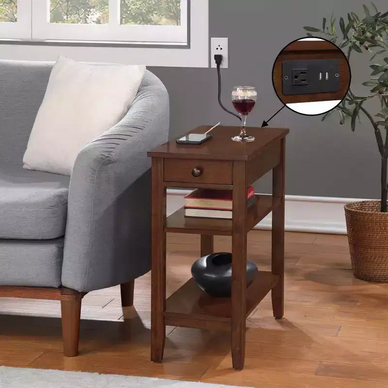 HomeStock Belmont - Tavolino laterale con cassetto, stazione di ricarica integrata, porte USB e tre ripiani, tavolino moderno per la casa
