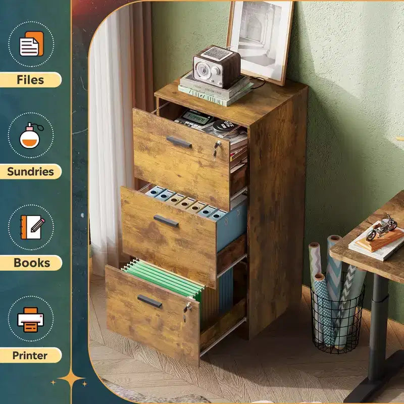 Mobile classificatore verticale in legno a 3 cassetti con serratura GALAXHERO - Organizzazione per l'ufficio e supporto stampante per documenti formato Letter/A4