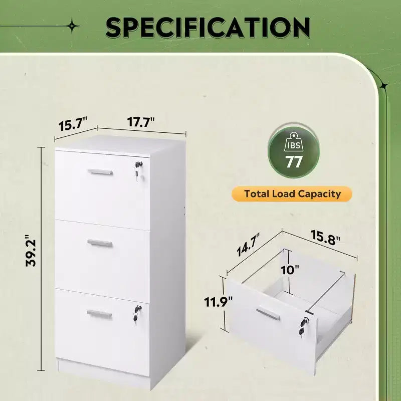 Mobile classificatore verticale in legno a 3 cassetti con serratura GALAXHERO - Organizzazione per l'ufficio e supporto stampante per documenti formato Letter/A4
