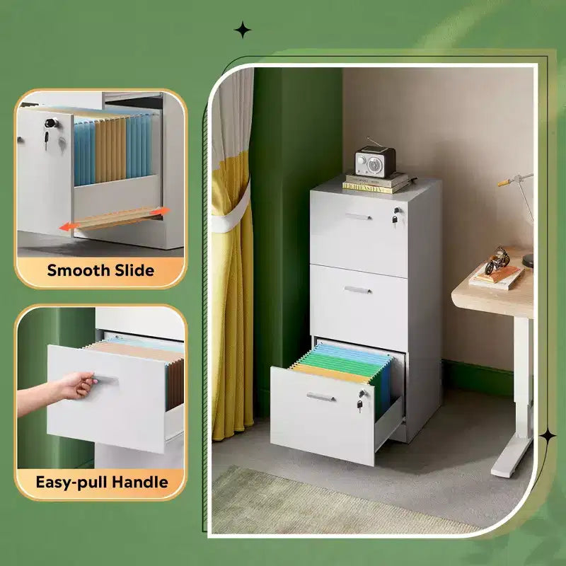 Mobile classificatore verticale in legno a 3 cassetti con serratura GALAXHERO - Organizzazione per l'ufficio e supporto stampante per documenti formato Letter/A4