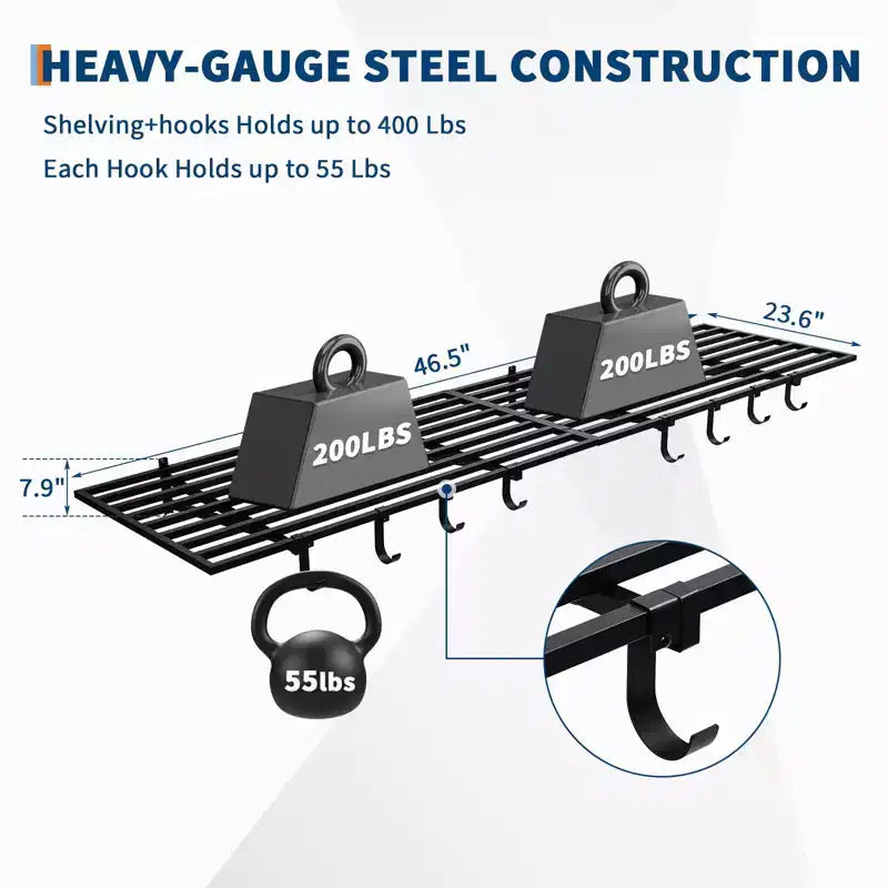 Confezione da 2 Ripiani da Garage 60x120cm Montaggio a Parete con Ganci, Scaffali Portaoggetti per Carichi Pesanti 360 kg, Organizzazione Scaffalatura da Parete per Garage