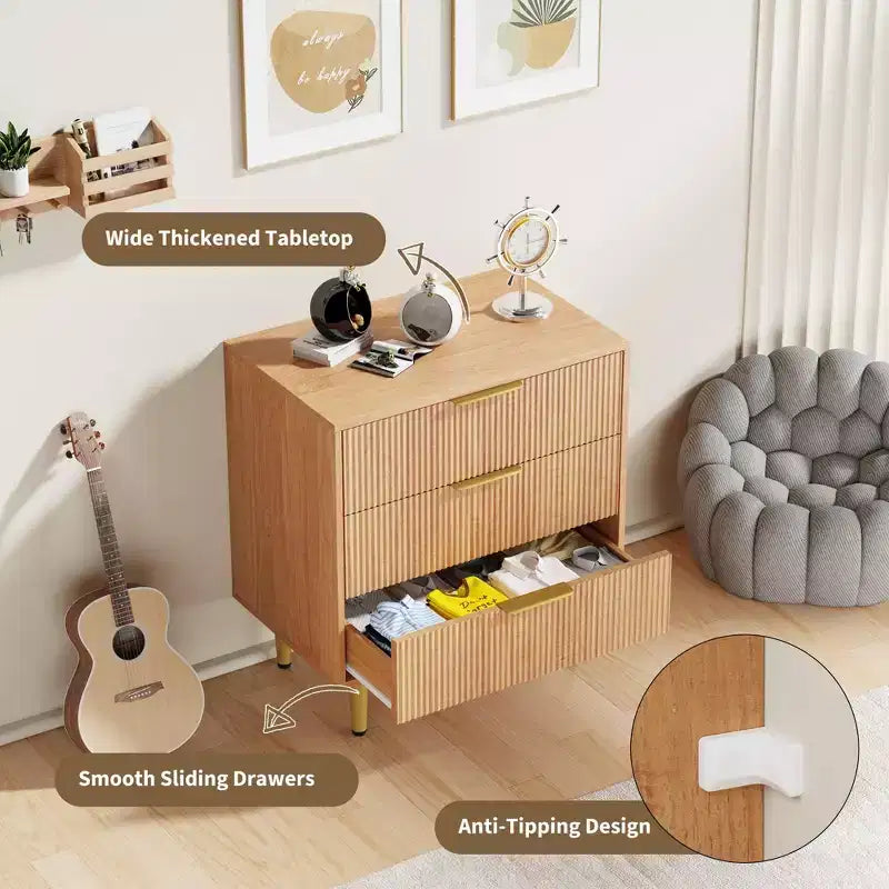 Cassettiera a 3 cassetti per camera da letto, cassettiera a scanalature da 71 cm con maniglie dorate, cassettiera in legno, comodino stretto, organizer per vestiti per camera da letto