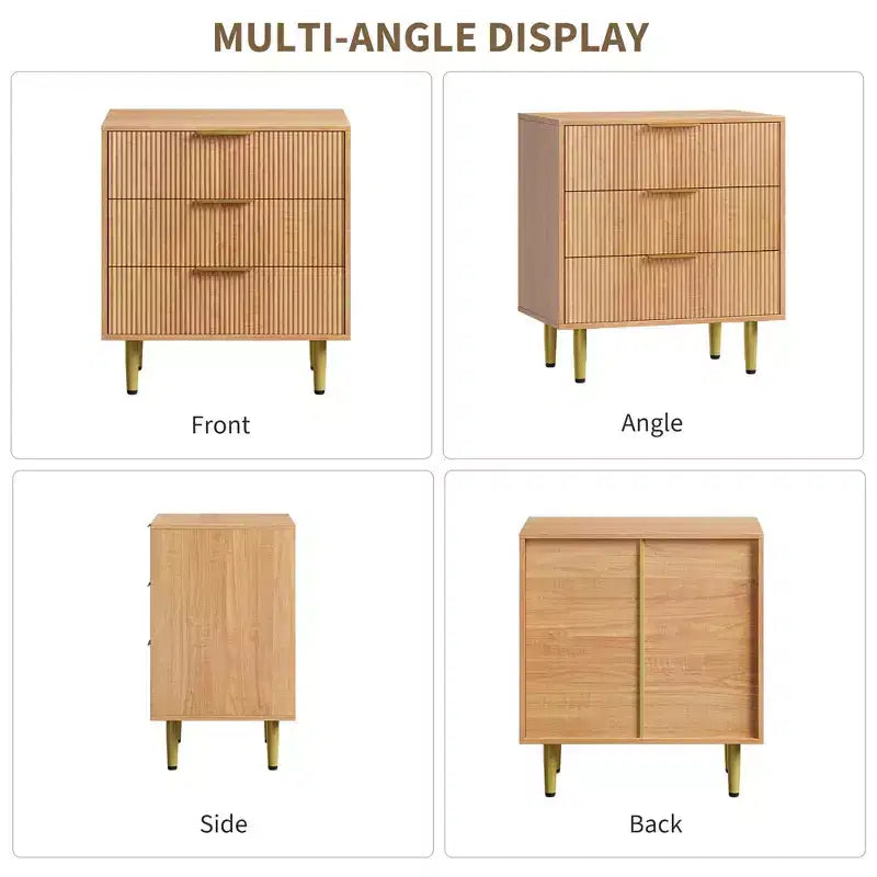 Cassettiera a 3 cassetti per camera da letto, cassettiera a scanalature da 71 cm con maniglie dorate, cassettiera in legno, comodino stretto, organizer per vestiti per camera da letto