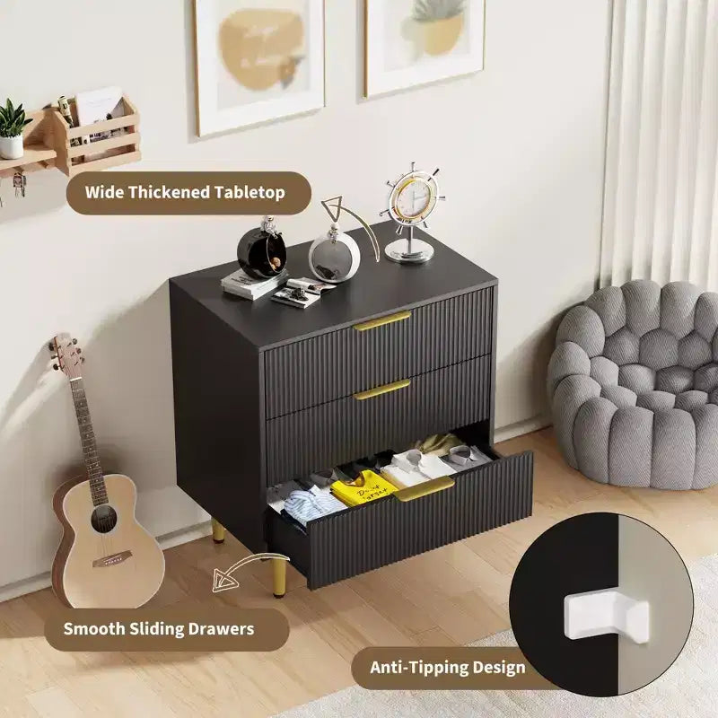 Cassettiera a 3 cassetti per camera da letto, cassettiera a scanalature da 71 cm con maniglie dorate, cassettiera in legno, comodino stretto, organizer per vestiti per camera da letto