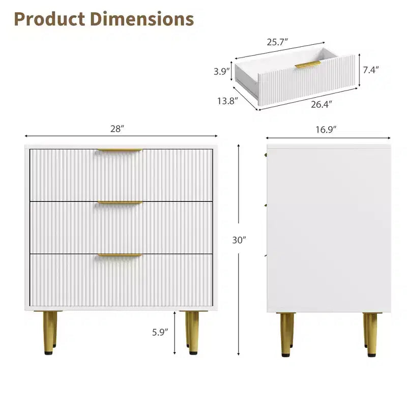 Cassettiera a 3 cassetti per camera da letto, cassettiera a scanalature da 71 cm con maniglie dorate, cassettiera in legno, comodino stretto, organizer per vestiti per camera da letto
