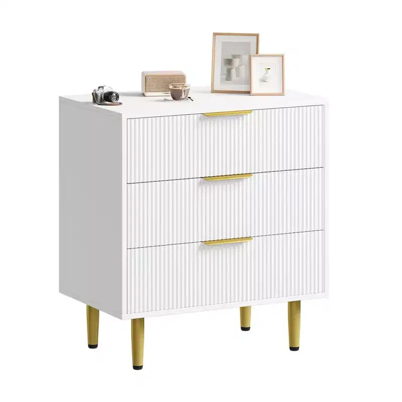 Cassettiera a 3 cassetti per camera da letto, cassettiera a scanalature da 71 cm con maniglie dorate, cassettiera in legno, comodino stretto, organizer per vestiti per camera da letto