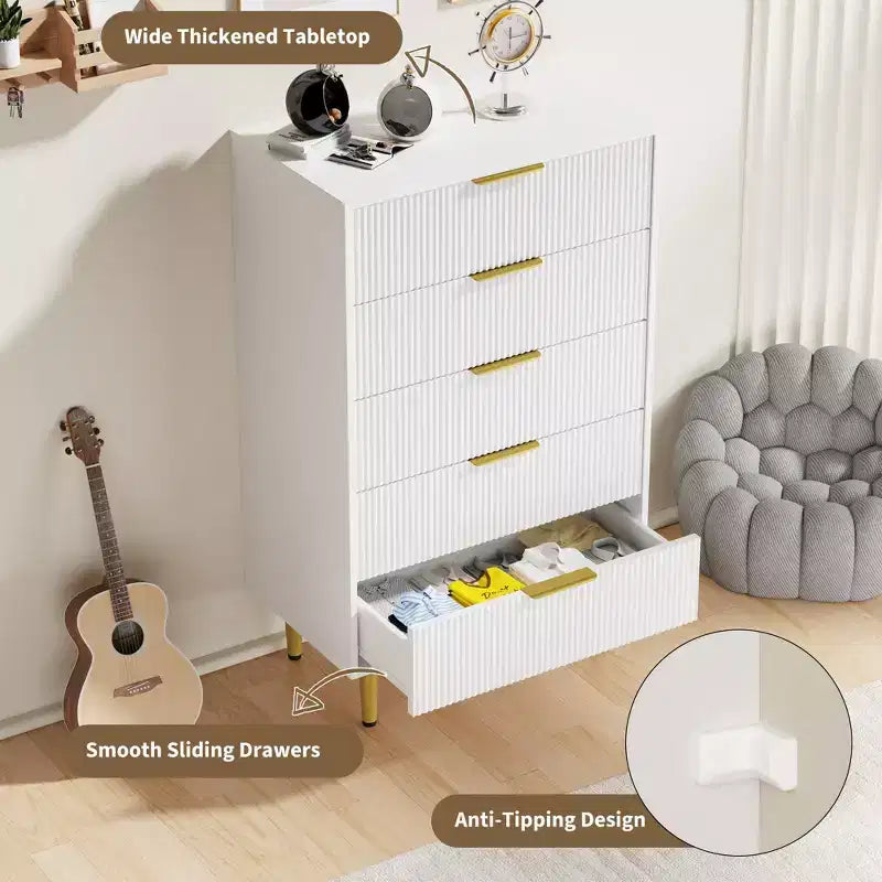 Cassettiera a 3 cassetti per camera da letto, cassettiera a scanalature da 71 cm con maniglie dorate, cassettiera in legno, comodino stretto, organizer per vestiti per camera da letto