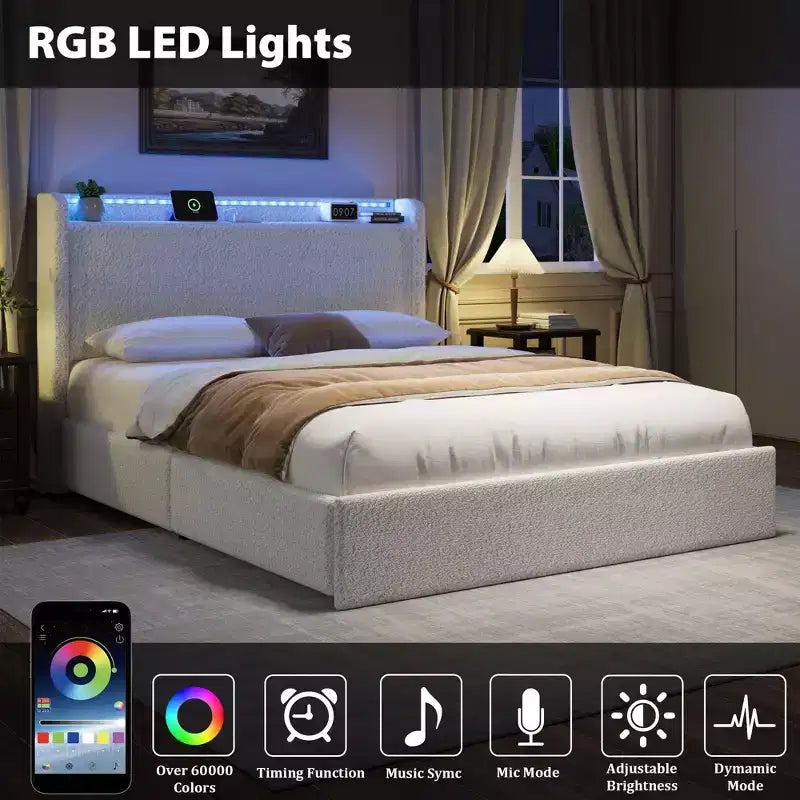 COZONY Letto Matrimoniale/Queen con Tessuto Bouclé, Testiera con Contenitore, Stazione di Ricarica e Luci a LED, Nessuna Rete a Molle Necessaria
