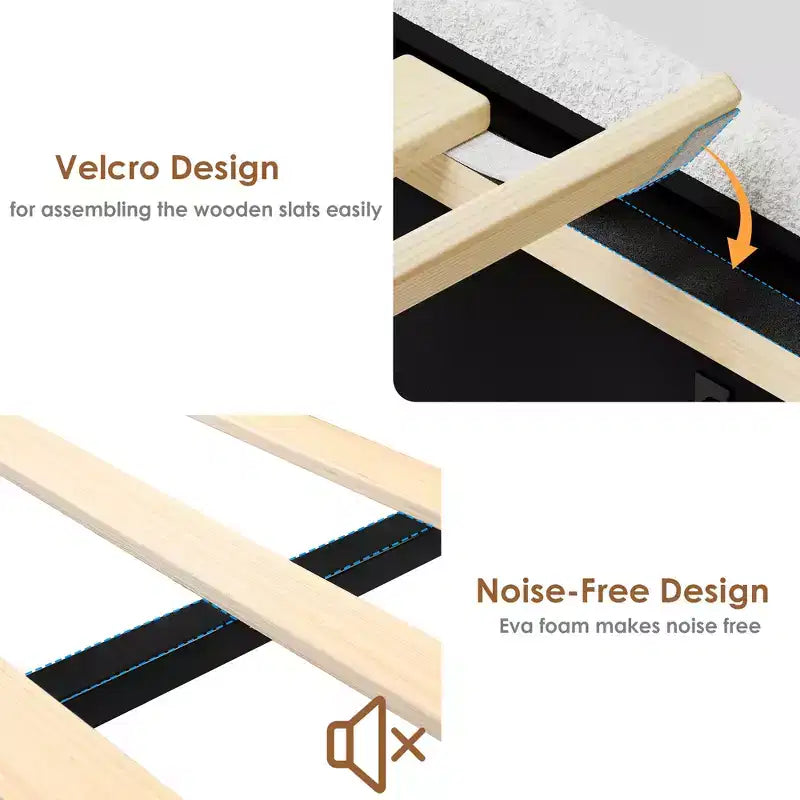 COZONY Letto Matrimoniale/Queen con Tessuto Bouclé, Testiera con Contenitore, Stazione di Ricarica e Luci a LED, Nessuna Rete a Molle Necessaria