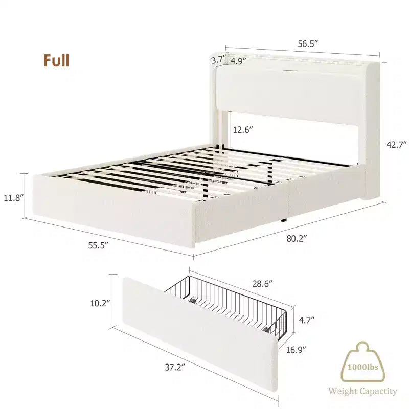 COZONY Letto Matrimoniale/Queen con Tessuto Bouclé, Testiera con Contenitore, Stazione di Ricarica e Luci a LED, Nessuna Rete a Molle Necessaria