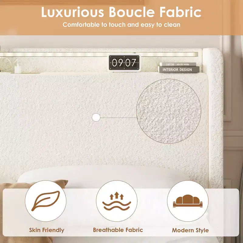 COZONY Letto Matrimoniale/Queen con Tessuto Bouclé, Testiera con Contenitore, Stazione di Ricarica e Luci a LED, Nessuna Rete a Molle Necessaria