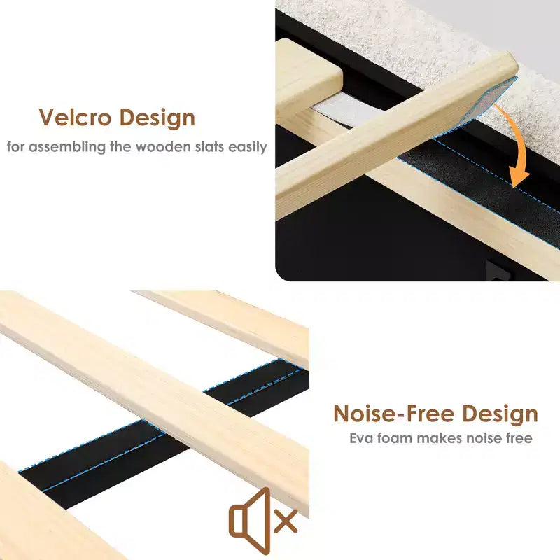COZONY Letto Matrimoniale/Queen con Tessuto Bouclé, Testiera con Contenitore, Stazione di Ricarica e Luci a LED, Nessuna Rete a Molle Necessaria