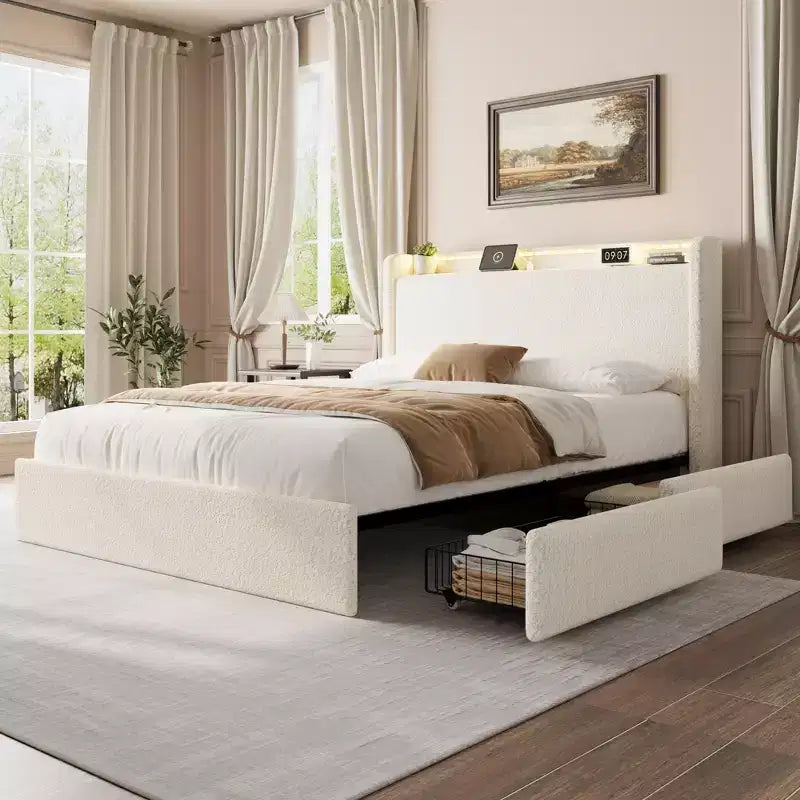COZONY Full/Queen Boucle Bed Frame with Storage Headboard, Charging Station & LED Lights, No Box Spring