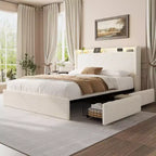 COZONY Full/Queen Boucle Bed Frame with Storage Headboard, Charging Station & LED Lights, No Box Spring