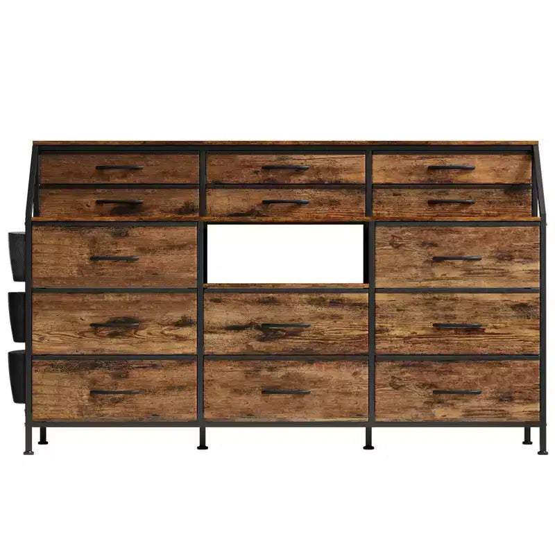 Comò in tessuto da 55" di larghezza con tasca laterale, 14 cassetti e ripiani, struttura robusta, piano in legno