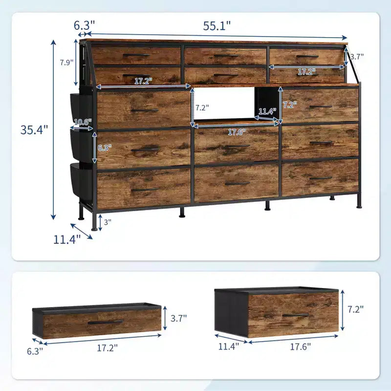 Comò in tessuto da 55" di larghezza con tasca laterale, 14 cassetti e ripiani, struttura robusta, piano in legno