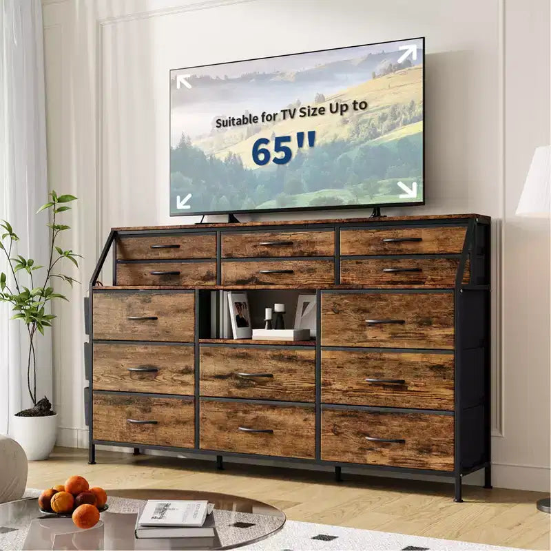 Comò in tessuto da 55" di larghezza con tasca laterale, 14 cassetti e ripiani, struttura robusta, piano in legno