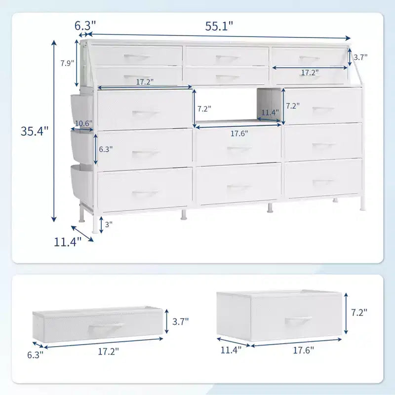 Comò in tessuto da 55" di larghezza con tasca laterale, 14 cassetti e ripiani, struttura robusta, piano in legno