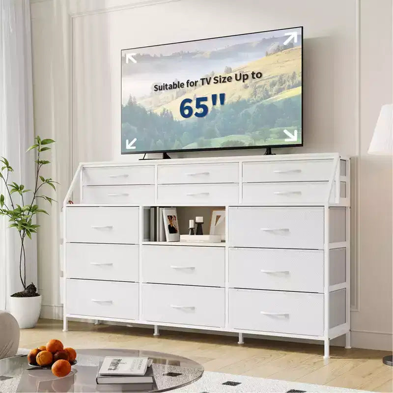 Comò in tessuto da 55" di larghezza con tasca laterale, 14 cassetti e ripiani, struttura robusta, piano in legno