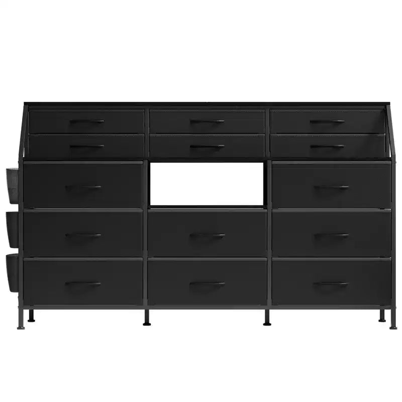 Comò in tessuto da 55" di larghezza con tasca laterale, 14 cassetti e ripiani, struttura robusta, piano in legno