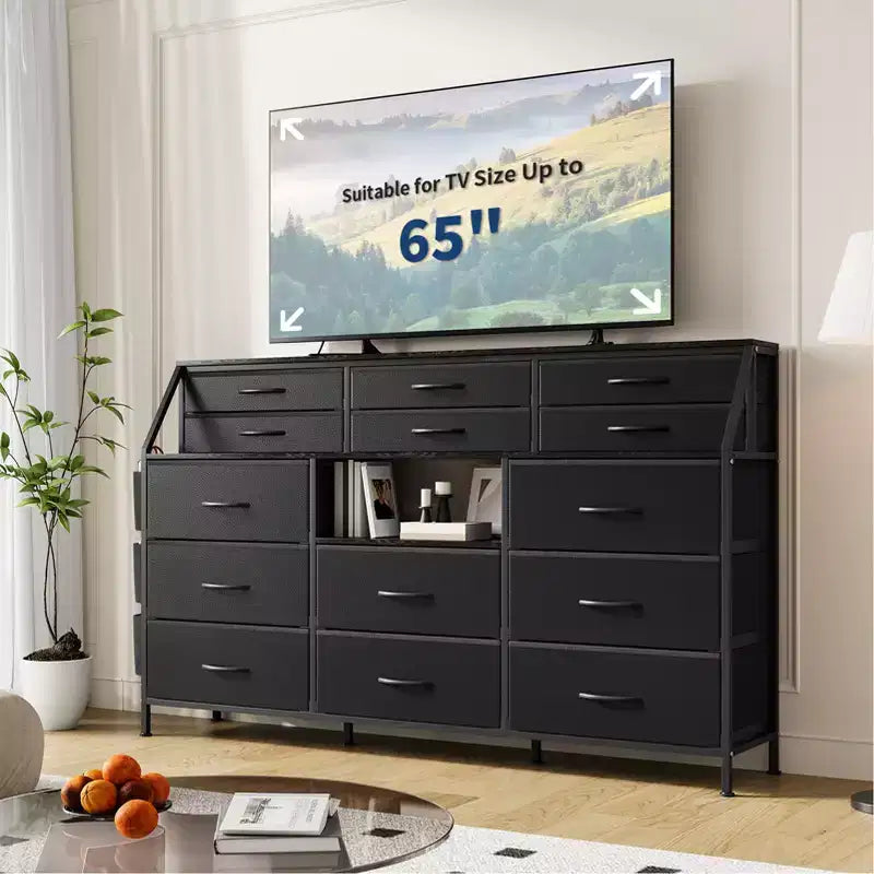 Comò in tessuto da 55" di larghezza con tasca laterale, 14 cassetti e ripiani, struttura robusta, piano in legno