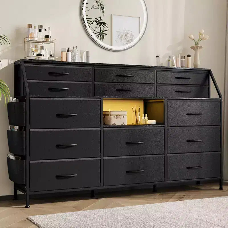 55 W Fabric Dresser with Side Pocket, 14 Drawers and Shelves, Sturdy Frame, Wood Top