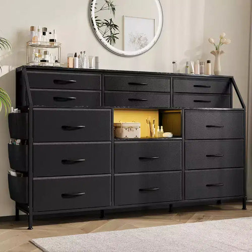 55 W Fabric Dresser with Side Pocket, 14 Drawers and Shelves, Sturdy Frame, Wood Top