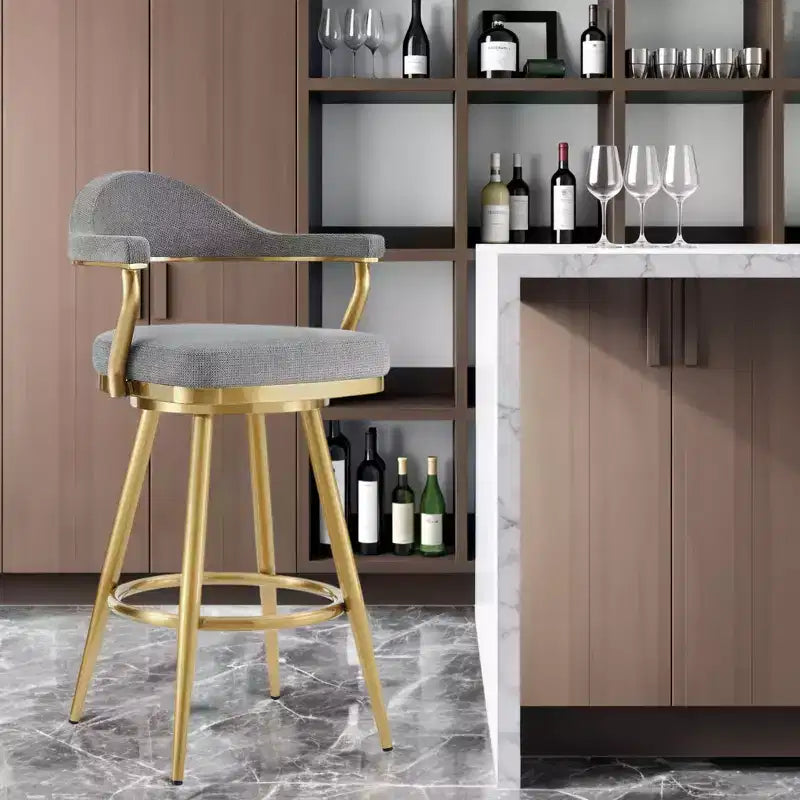 HomeRoots Sedia da bar girevole con schienale basso in tessuto grigio e oro e acciaio inossidabile, altezza bar, 30