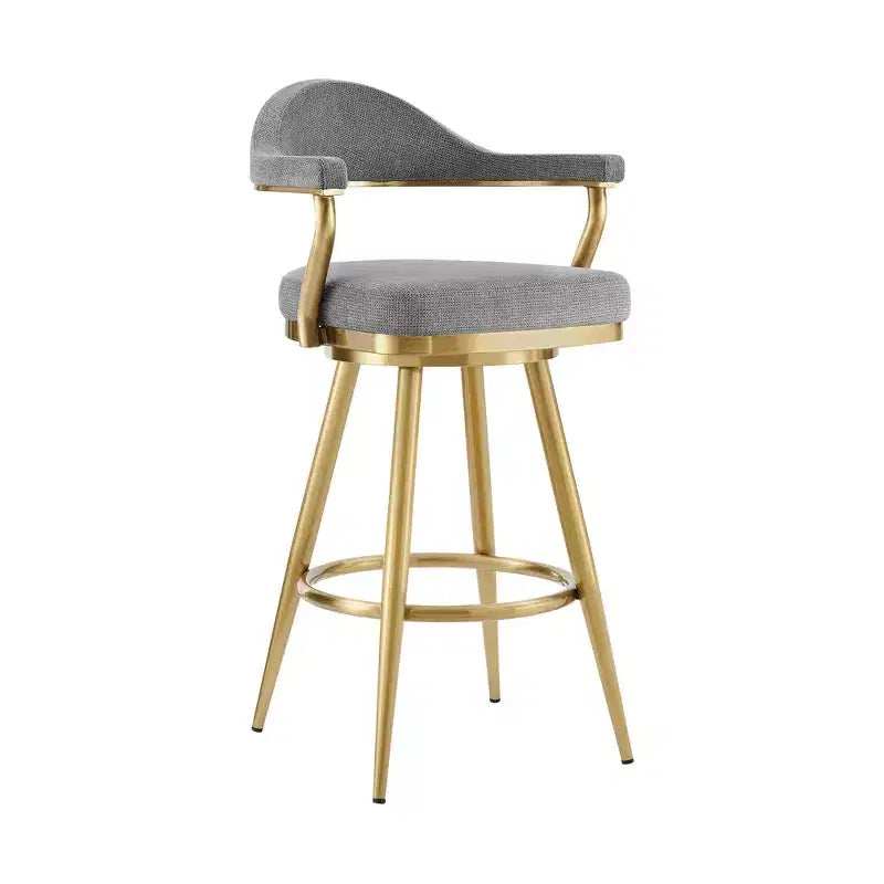 HomeRoots Sedia da bar girevole con schienale basso in tessuto grigio e oro e acciaio inossidabile, altezza bar, 30