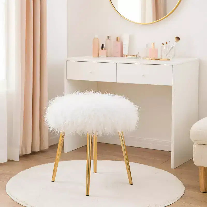 Homy Casa Glam Vanity Stool with Faux Fur Seat & Gold Metal Legs, White