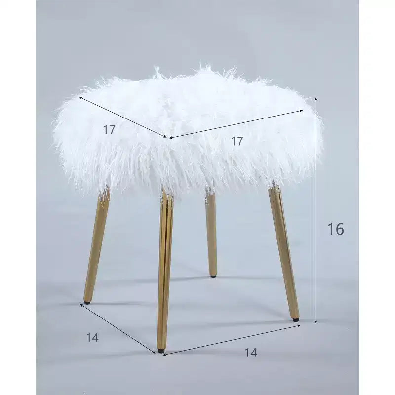 Homy Casa Glam Sgabello da Toilette con Seduta in Pelliccia Sintetica e Gambe in Metallo Dorato, Bianco