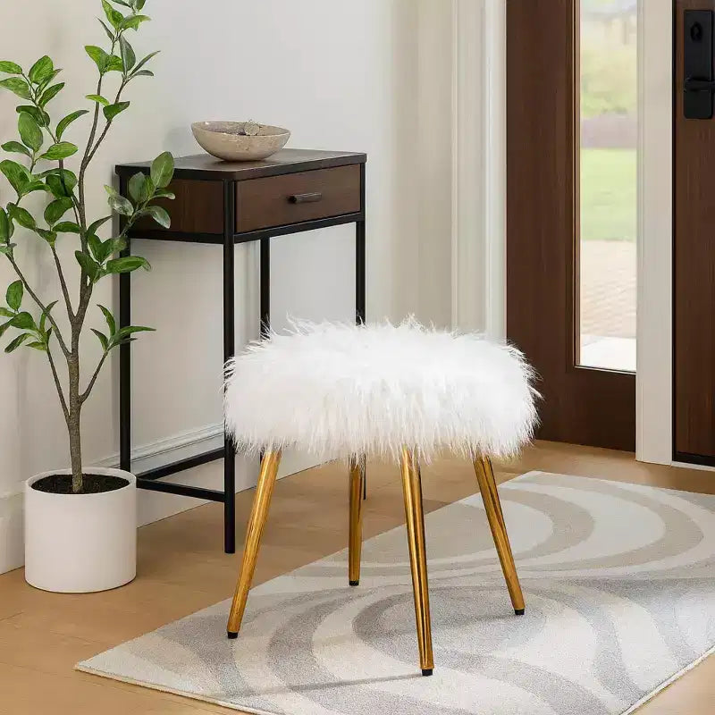 Homy Casa Glam Sgabello da Toilette con Seduta in Pelliccia Sintetica e Gambe in Metallo Dorato, Bianco