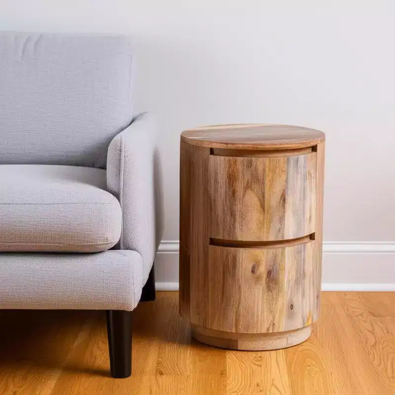 HomeRoots Tavolino rotondo con due cassetti in legno massello naturale da 61 cm