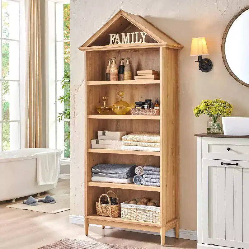 Libreria con Ripiani Regolabili, Libreria Alta e Larga 75,9" con Spazio di Archiviazione, Libreria a 5 Ripiani Aperti con Parte Superiore Triangolare