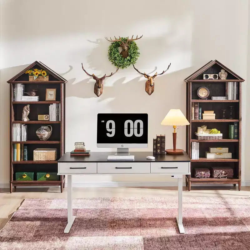 Libreria con Ripiani Regolabili, Libreria Alta e Larga 75,9" con Spazio di Archiviazione, Libreria a 5 Ripiani Aperti con Parte Superiore Triangolare