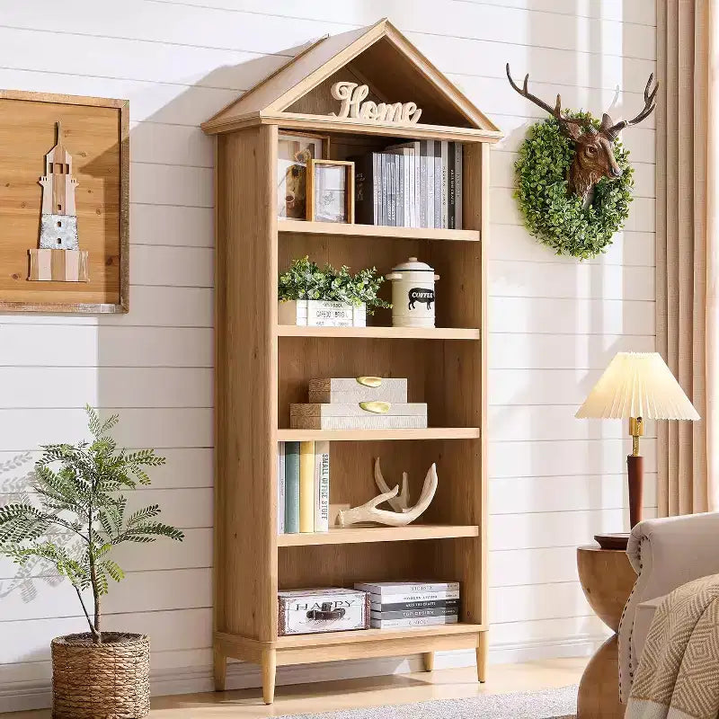Libreria con Ripiani Regolabili, Libreria Alta e Larga 75,9" con Spazio di Archiviazione, Libreria a 5 Ripiani Aperti con Parte Superiore Triangolare