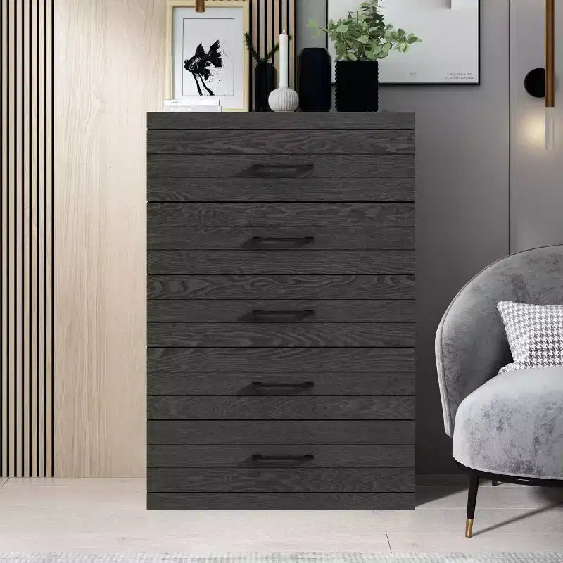 Galano Hamsper 5 Drawer Chest (Interlock) - Dark Grey Oak