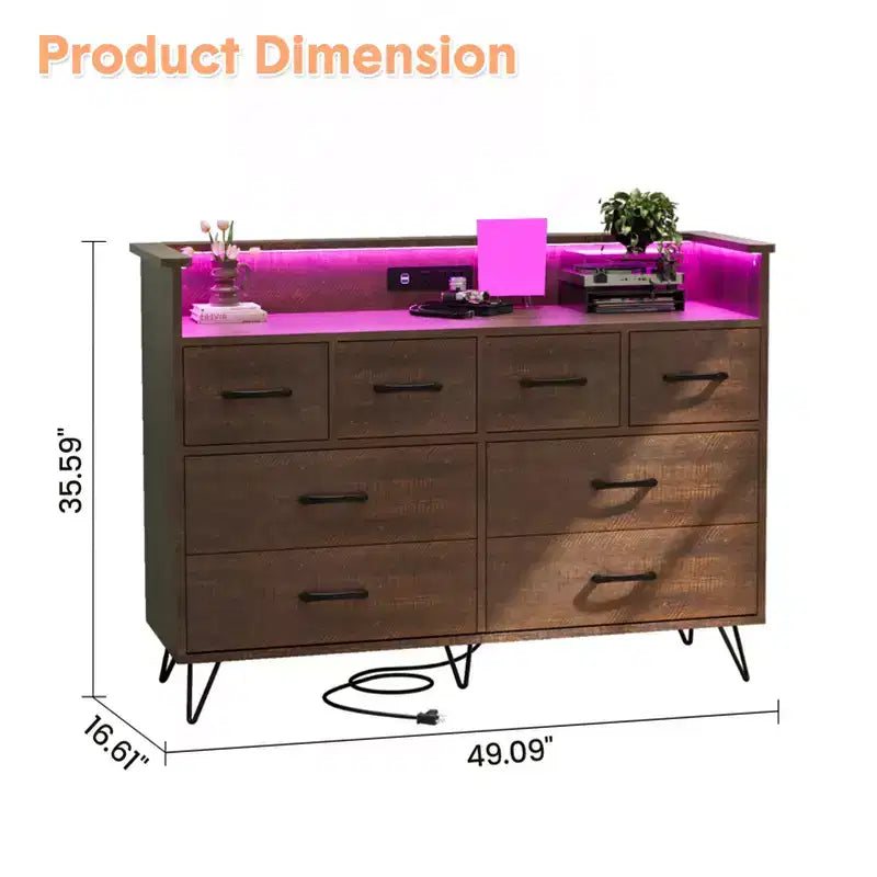 Mobile TV COZONY con comò a 8 cassetti, centro multimediale in legno con luce LED e stazione di ricarica, ampio spazio per camera da letto e soggiorno