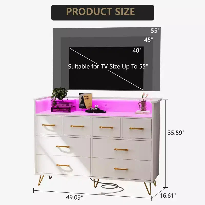 Mobile TV COZONY con comò a 8 cassetti, centro multimediale in legno con luce LED e stazione di ricarica, ampio spazio per camera da letto e soggiorno