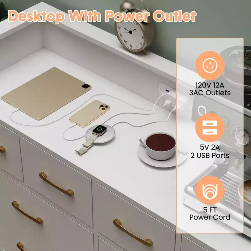 Mobile TV COZONY con comò a 8 cassetti, centro multimediale in legno con luce LED e stazione di ricarica, ampio spazio per camera da letto e soggiorno