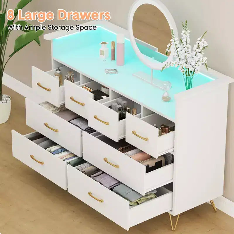 Mobile TV COZONY con comò a 8 cassetti, centro multimediale in legno con luce LED e stazione di ricarica, ampio spazio per camera da letto e soggiorno