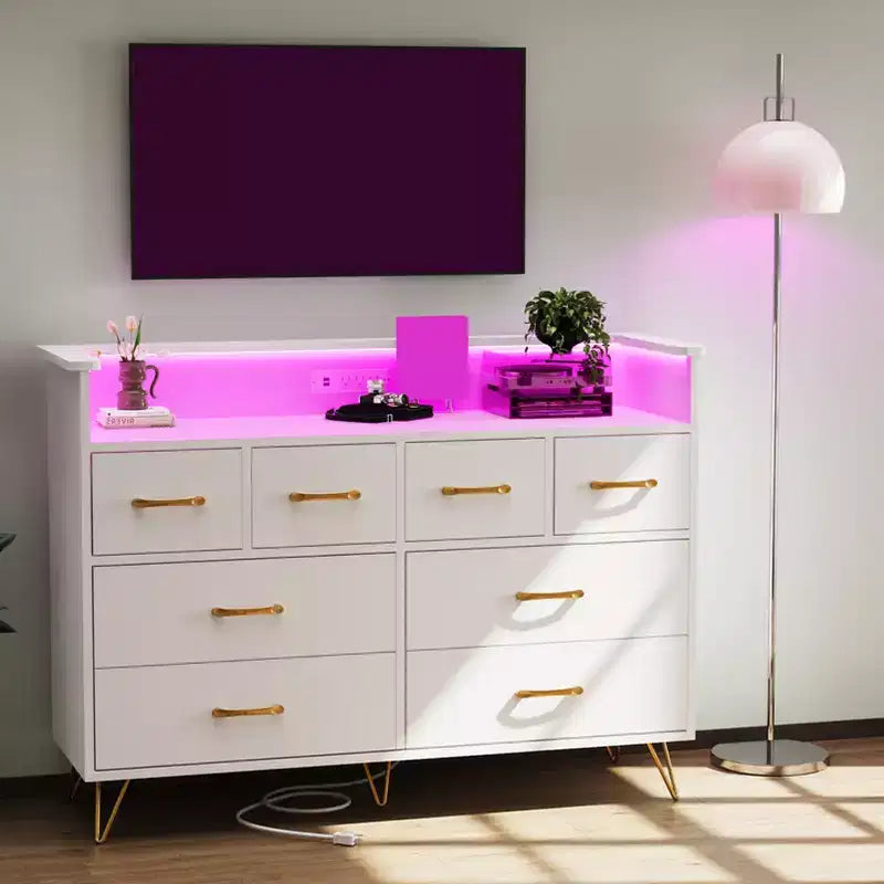 Mobile TV COZONY con comò a 8 cassetti, centro multimediale in legno con luce LED e stazione di ricarica, ampio spazio per camera da letto e soggiorno