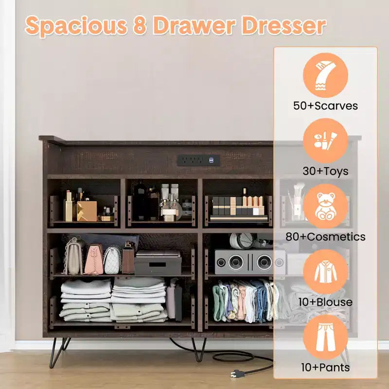 Mobile TV COZONY con comò a 8 cassetti, centro multimediale in legno con luce LED e stazione di ricarica, ampio spazio per camera da letto e soggiorno